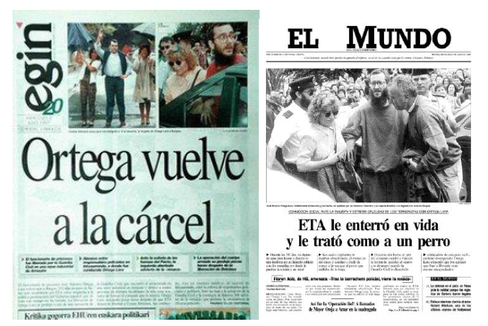 Liberaci&oacute;n del funcionario de prisiones Jos&eacute; Antonio Ortega Lara
(1997). 

Portadas
de los diarios Egin y El Mundo (02.07.1997).