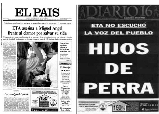 Asesinato de Miguel &Aacute;ngel Blanco (1997). 

Portadas
de El Pa&iacute;s y Diario 16 (13.07.1997)