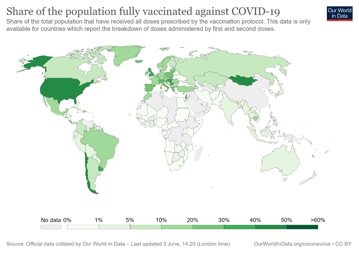Mapa de pases con personas ms vacunadas contra la covid-19