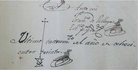 R&uacute;brica y sello del escribano Francisco de Villegas