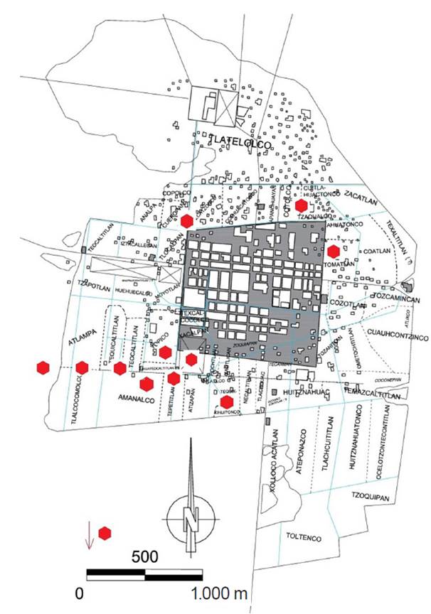 Mapa preliminar de distribuci&oacute;n espacial de los mentideros ind&iacute;genas documentados en la Ciudad de M&eacute;xico en el siglo XVI. La zona coloreada en gris refiere a la "traza espa&ntilde;ola"