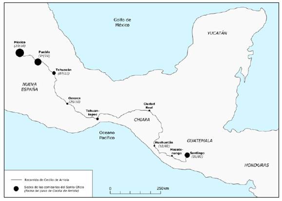 Recorrido de Cecilia de Arriola desde Santiago de Guatemala hasta M&eacute;xico (1697)
