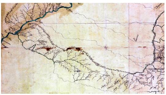 Plano topogr&aacute;fico que comprende una parte del Montegrande, el R&iacute;o Yacuy, los establecimientos y misiones del Uruguay, los yervales que actualmente poseen los indios guaran&iacute;as y el curso del mismo Uruguay desde la boca del verdadero Pepiri o Peguiri hasta el paso que llaman de Concepci&oacute;n. A contemporary map showing the Jesuit missions located east of the Uruguay River.