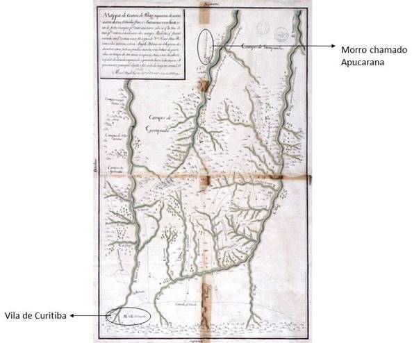 Mappa do certam do Tibagi riquissimo de averes assim de oiro, estanho fino e Antimonio Excelente, como de fertiz campos para criar animaes: sabe-se q. h&eacute; rico de oiro, pos. roteiros, e tradi&ccedil;oens dos antigos Paulistas q. fizer&atilde;o entradas no do. [dito] Certam