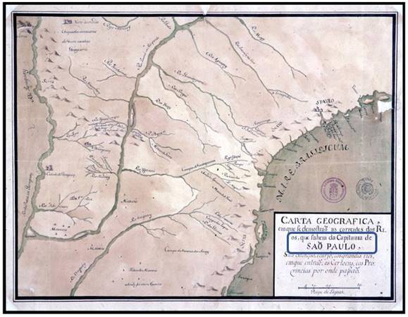 Carta Geogr&aacute;fica em que se demonstram as correntes dos rios, que saem da capitania de S&atilde;o Paulo, sua extens&atilde;o e curso, e os grandes rios, em que entram os sert&otilde;es, e as prov&iacute;ncias por onde passam.