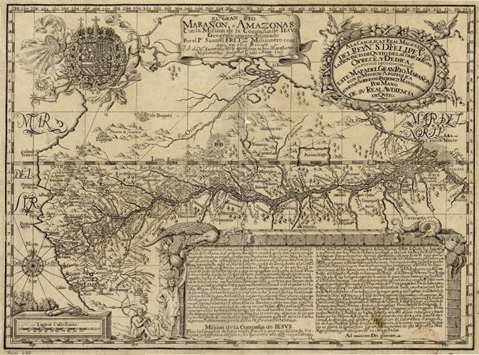 O grande rio Maranh&atilde;o ou Amazonas, com a miss&atilde;o da Companhia de Jesus geograficamente delineado pelo P. Samuel Fritz, mission&aacute;rio cont&iacute;nuo nesse rio. P. J. de N. Societatis Jesu, quondan in hoc Maranone missionarius, sculpebat. 10 leguas castellanas