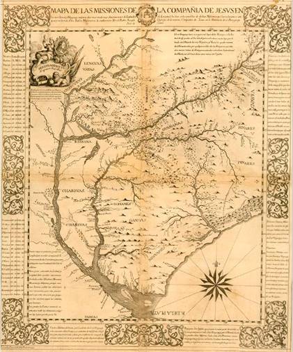 Mapa das miss&otilde;es da Companhia de Jesus nos rios Paran&aacute; e Uruguai conforme as mais modernas observa&ccedil;&otilde;es de latitude e de longitude feitas nos povoados dessas miss&otilde;es, e as rela&ccedil;&otilde;es antigas e modernas dos padres mission&aacute;rios de ambos os rios pelo padre Joseph Quiroga, da mesma Companhia de Jesus, na prov&iacute;ncia do Paraguai. Ano de 1749. 
