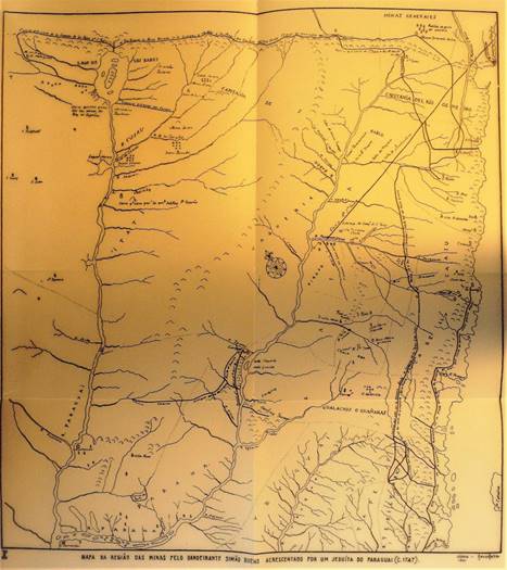 Mapa da regi&atilde;o das Minas pelo bandeirante Sim&atilde;o Bueno, acrescentado por um jesu&iacute;ta do Paraguai
