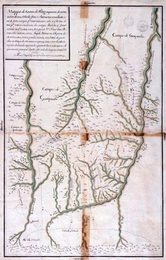 Mappa do certam do Tibagi riquissimo de averes assim de oiro, estanho fino e Antimonio Excelente, como de fertiz campos para criar animaes: sabe-se q. h&eacute; rico de oiro, pos. roteiros, e tradi&ccedil;oens dos antigos Paulistas q. fizer&atilde;o entradas no do. Certam