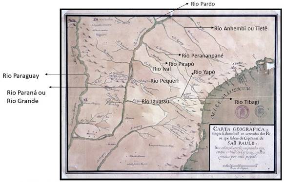 Carta geografica em que se demonstr&atilde;o as correntes dos rios que sahem da capitania de S&atilde;o Paulo : sua extens&atilde;o e curso e os grandes rios em que entr&atilde;o os certoens e as provincias por onde pass&atilde;o Escala . Destaques feitos pela autora
