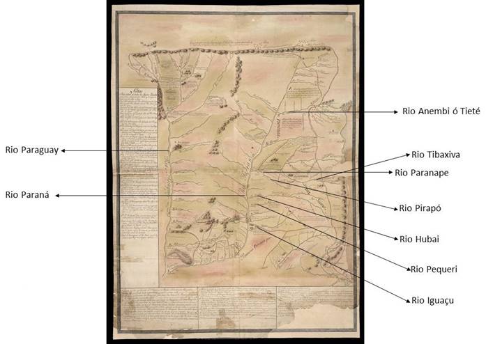 Mapa que abrange as regi&otilde;es entre os rios Paraguai, Paran&aacute; e a costa brasileira desde Santos at&eacute; o Rio Grande. col., desenhado a nanquim. 61,7 x 83 cm