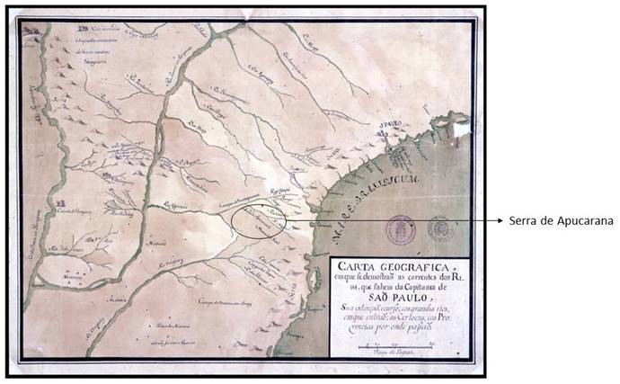 Carta Geogr&aacute;fica em que se demonstram as correntes dos rios, que saem da capitania de S&atilde;o Paulo, sua extens&atilde;o e curso, e os grandes rios, em que entram os sert&otilde;es, e as prov&iacute;ncias por onde passam.