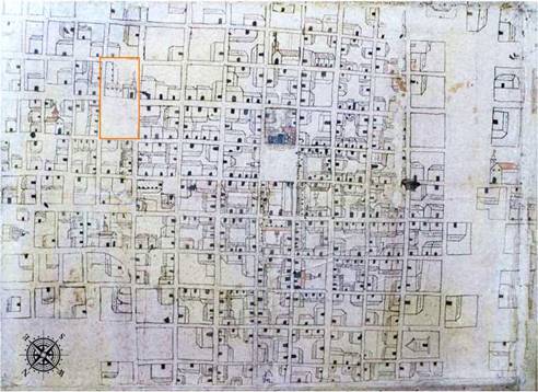 Plano de la ciudad de Tunja de 1623 La iglesia y la plaza mayor marcan el centro del mapa de repartici&oacute;n de parroquias de 1623. Tres cuadras al nororiente, tras un pronunciado descenso, se encuentra la plaza de abajo con el convento de san Agust&iacute;n (en recuadro naranja) y m&aacute;s al norte la ermita de Las Nieves. Las &oacute;rdenes religiosas en la ciudad se encuentran en la cercan&iacute;a de la parroquia mayor, correspondiendo a los agustinos una perif&eacute;rica localizaci&oacute;n en un arrabal de dif&iacute;cil acceso por c&aacute;rcavas y lodazales, que empeor&oacute; tras el estancamiento urbano del siglo XVII que lo dej&oacute; a las afueras a inicios del XIX, lugar adecuado para ubicar el hospital.