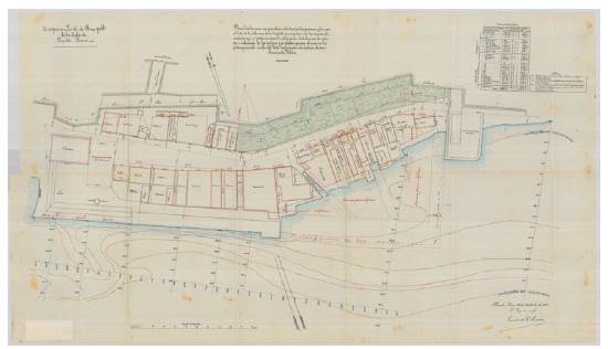 "Plano de la zona comprendida entre las fortificaciones y la mar del Este de la Aduana de la capital con expresión de las nuevas alineaciones que se proponen para la edificación, distribución de solares e indicación de los terrenos que pueden ganarse al mar con la prolongación del muelle del Este hasta el frente a la batería de San Francisco de Paula" 