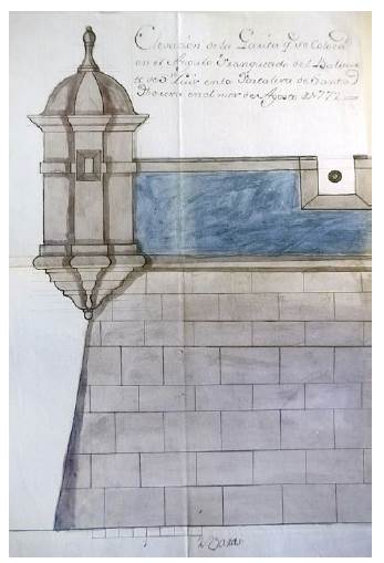 Garita elevada, &aacute;ngulo flanqueado del baluarte de San Luis, fortaleza de Santa Teresa. Ingeniero Bernardo Leqoc, Agosto de 1772