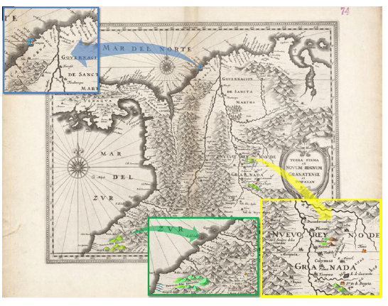 Willem Janszoon Blaeu. Terra Firma et Novum Regnum Granatense et Popayan. 1630. 36 x 47 cm En este mapa se ubican: la provincia de Los Muzos, el puerto de Cartagena de Indias y la provincia de Las Esmeraldas (iluminaci&oacute;n hecha por los autores del art&iacute;culo)