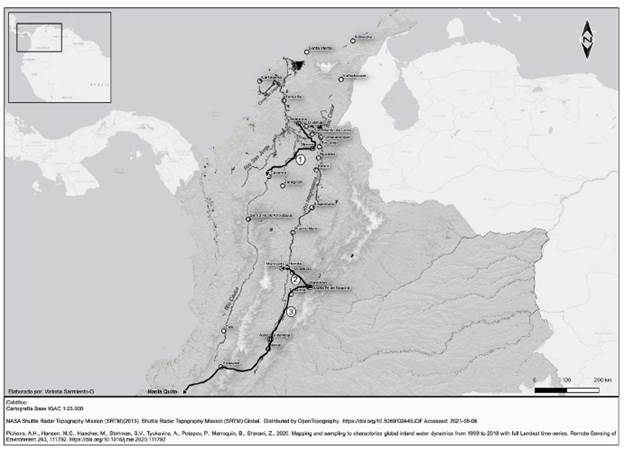 Mapa f&iacute;sico de Colombia con algunas rutas de esclavizados