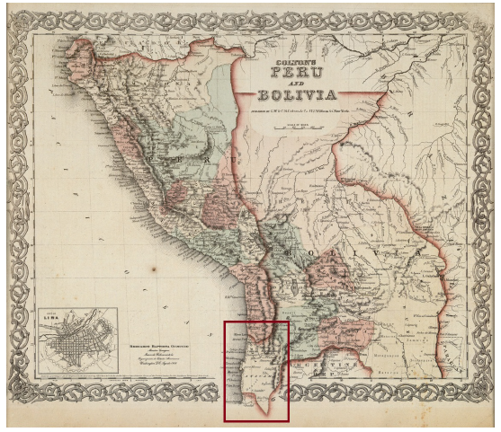 Recuadrado, el distrito Litoral de Bolivia en el mapa de Per&uacute; y Bolivia de 1855 (Colton)