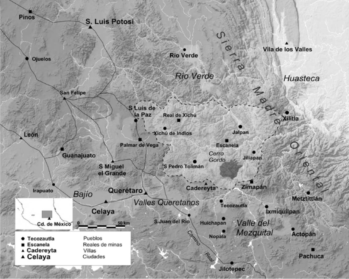 Delimitaci&oacute;n hipot&eacute;tica para la Sierra Gorda a mediados del siglo XVII