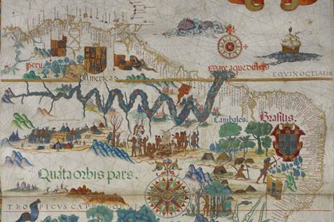Detalle del r�o Amazonas en el Mapa de Sur Am�rica de Diogo Homem, 1558