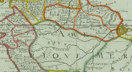 Detalle del r�o Amazonas en el mapa Am�rica Meridional de Nicolas Sanson, 1650