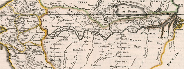 Detalle en el mapa El Per�, y el curso de la Rivera Amazona, de Nicolas Sanson, 1657
