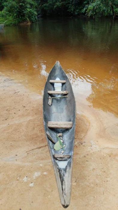 Canoa monxila impermeabilizada con brea natural, en Tiqui, afluente del Vaups