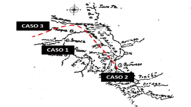 Ubicacin de los casos de cierre de caminos sobre un boceto de Aguirre, siglo XVIII. La lnea de puntos representa el trazado posible del camino a las Salinas