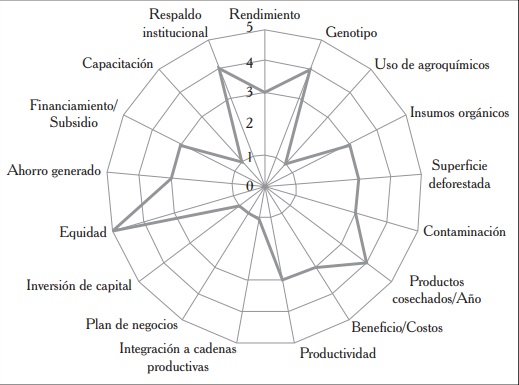Representación de la sustentabilidad del sistema de producción maíz, en la región Constitución, Calakmul, Campeche.