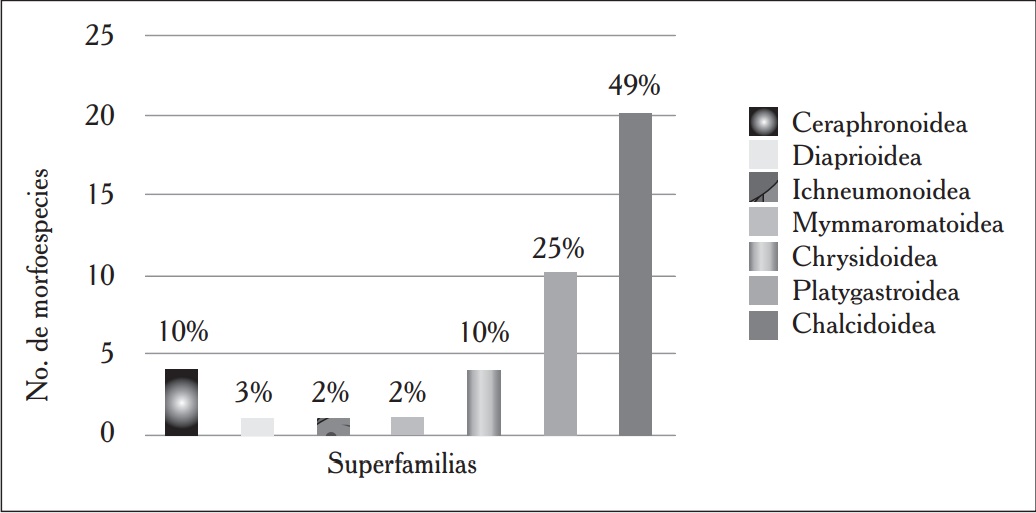 Frecuencias de morfoespecies por superfamilia de Hymenoptera paras&iacute;tica, colectados en ambas &eacute;pocas clim&aacute;ticas, incluyendo el sistema silvopastoril y el sistema natural de la RNEH.
