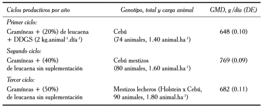 Características de cada ciclo
productivo y ganancia media diaria (GMD).