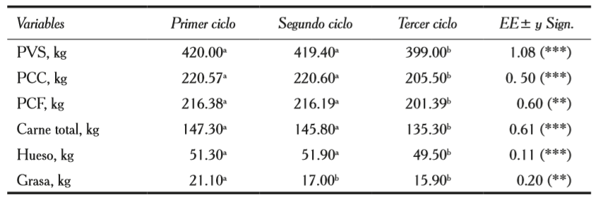 Resumen de las comparaciones
de canales para los tres ciclos productivos