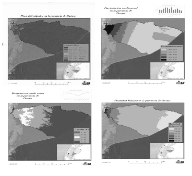 Mapas de los pisos altitudinales, de precipitaciones,
de temperaturas 

y de humedad relativa de la provincia
Pastaza de la República del Ecuador. 

 