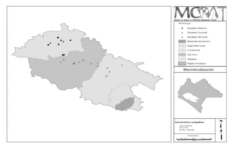 Ubicación de las queserías encuestadas
en los diferentes municipios 

de la región Frailesca, en el estado de
Chiapas.