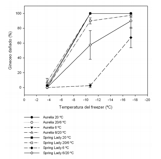 Porcentaje medio
de gineceos dañados en yemas florales de dos cultivares de duraznero, según
temperaturas previas a la simulación de helada (fecha de recolección de
brindillas: 24-07-2014).