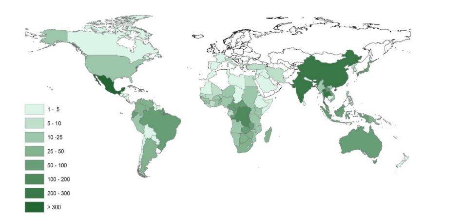 Registro de especies de insectos que se consumen por pa&iacute;s