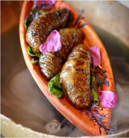 Plato &ldquo;Pachamama&rdquo; con larvas de R. palmarum.