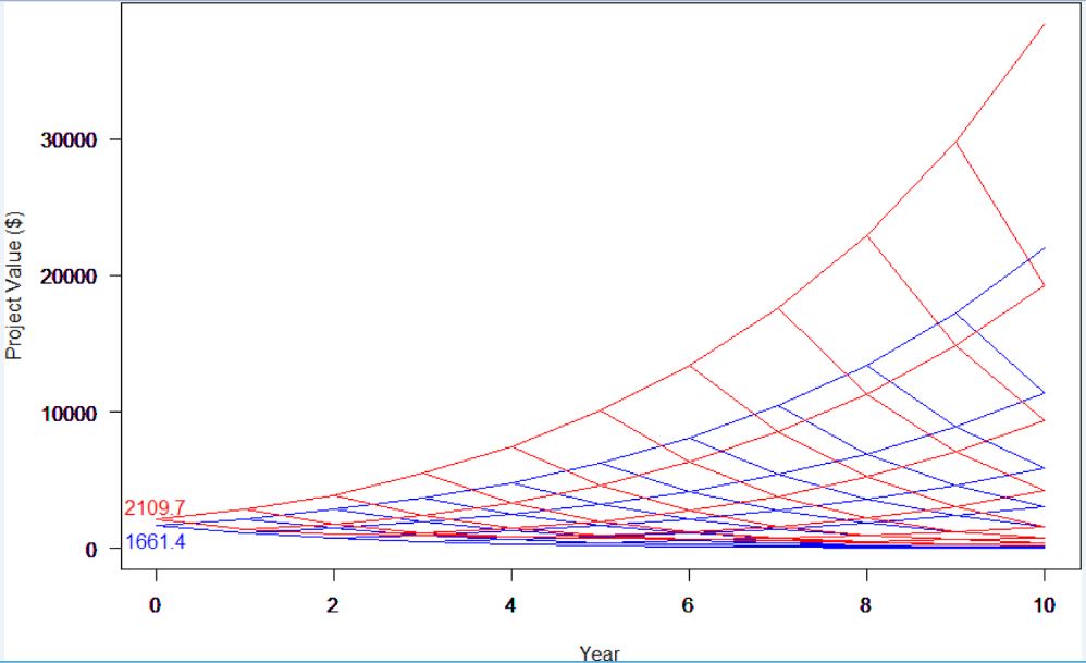 Ex-post lattices with and without abandonment and expansion options.