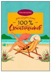 Illustration of a woman sunbathing on the beach, holding a fan. The advertisement&rsquo;s slogan reads &lsquo;100% spontaneity&rsquo;.