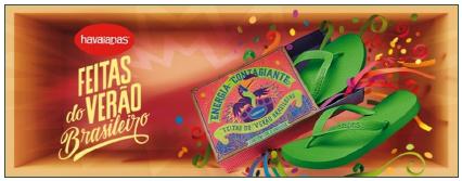 Advertisement featuring a pair of Havaianas in the midst of a colorful explosion of confetti and streamers, with one of the sandals coming out of a matchbox bearing the words &lsquo;Contagious energy&rsquo;.