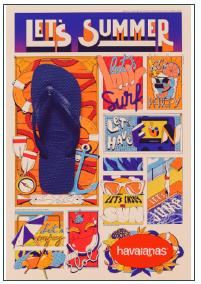 Illustration of the &lsquo;Partiu Ver�o&rsquo; campaign with figures that represent summer: beach, swimming pool, parasol, sunglasses, etc.