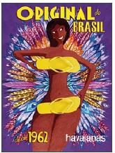 Woman hiding her nudity with a pair of Havaianas, with feathers behind her.