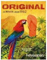 A macaw shares a branch with a pair of Havaianas in a setting surrounded by plants, trees, and a mountain in the background.