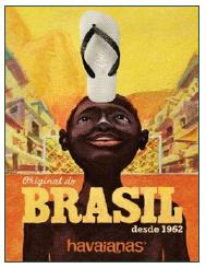 Boy balancing a Havaianas sandal on his head, which replaces a soccer ball.