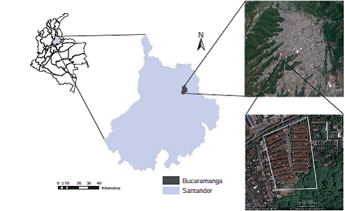 Ubicación del área de estudio en la urbanización Villa del Prado y Cañada del Loro, Bucaramanga, Santander