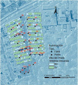 Viviendas encuestadas de la urbanización Villa del Prado y ubicación del alumbrado público. Fuente: Google Maps