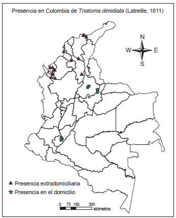 Distribuci&oacute;n geogr&aacute;fica de las dos poblaciones de Triatoma dimidiata en Colombia: presencia extradomiciliaria (silvestre) en el occidente, y en el domicilio en la zona centrooriental