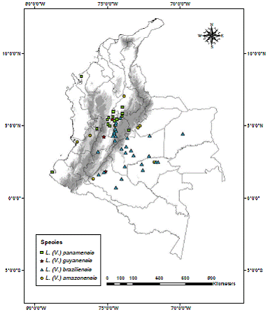Distribution of Leishmania species identified by PCR-RFLP with miniexon and hsp70as molecular targets. Map done using ArcGis vr. 10.2 program; the altitude was obtained from the WorldClim database with 1 km resolution (http://www.worldclim.org/)