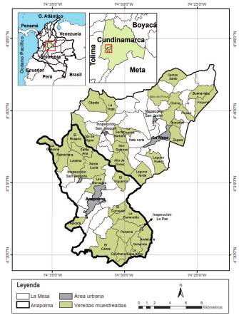 Mapa del &aacute;rea de estudio en el cual se ven las veredas analizadas en los municipios de Anapoima y La Mesa, Cundinamarca, Colombia