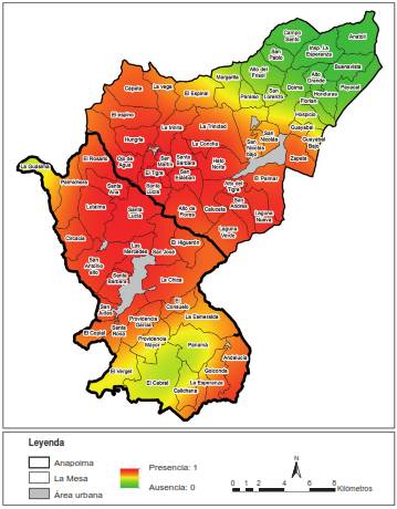 Mapa con la predicci&oacute;n de la presencia de Aedes aegypti en el &aacute;rea rural de los municipios de Anapoima y La Mesa, Cundinamarca